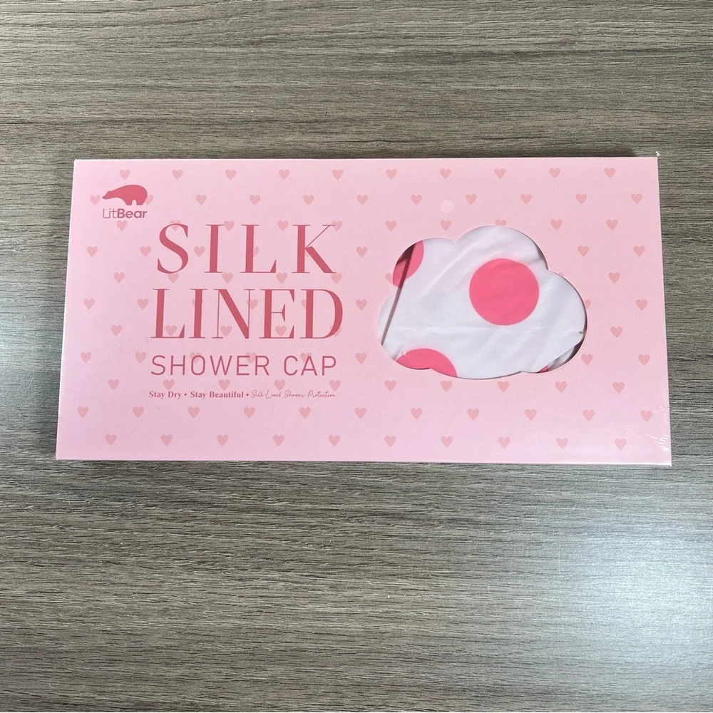 Mulberry Silk Lined Pink Polka Dot Shower Cap with Bow Accent